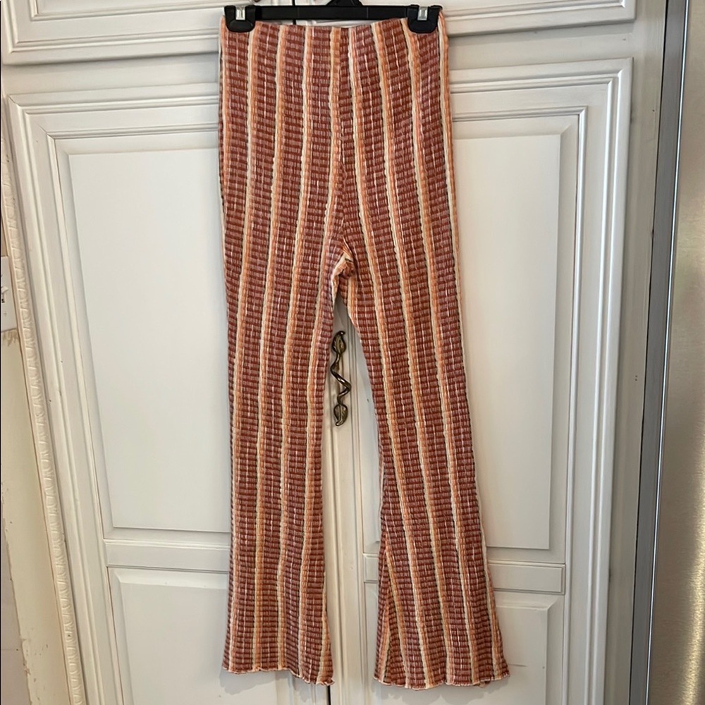 Free People Red and Cream Flare Pants with Geometric Stripes